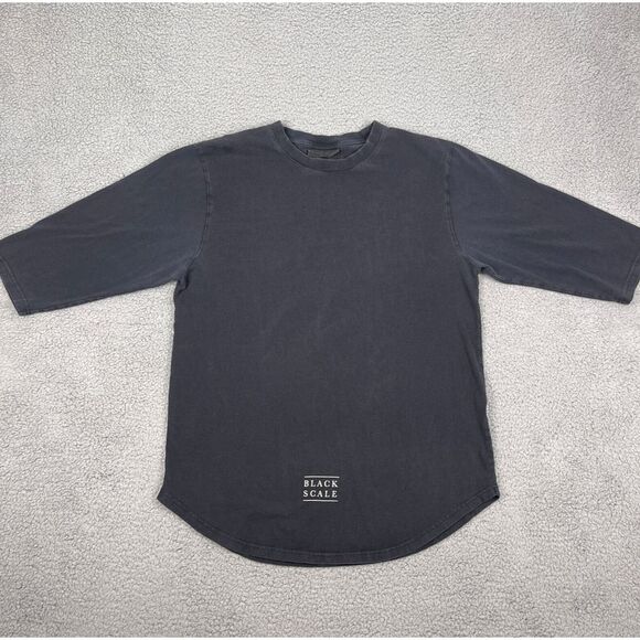 Black Scale Shirt Mens L Black Curved Hem‎ 3/4 Sleeve Spellout Streetware USA - Picture 1 of 9